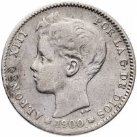 (1900) Монета Испания 1900 год 1 песета "Альфонсо XIII"  Серебро Ag 835  VF