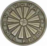 () Монета Уругвай 1969 год 1000 песо ""   Биметалл (Серебро - Ниобиум)  UNC