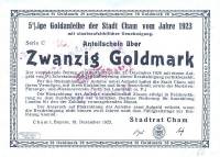 (№1923) Банкнота Германия 1923 год "20 Goldmark"