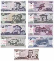2002-2008, 9шт, 5 - 5000 вон Набор бон Северная Корея 2002-2008 год Образцы    UNC