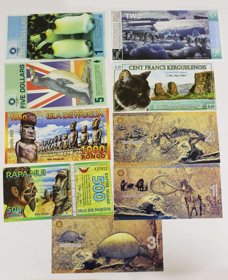 Набор полимерных сувенирных банкнот, 9 штук (страны и номиналы на фото)