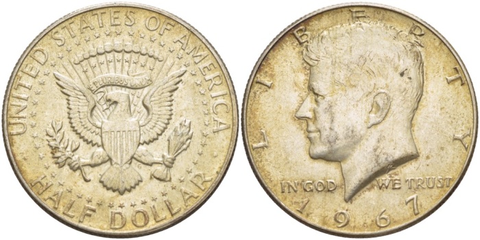 1967 Монета США 50 центов 2. Серебро, 400 Кеннеди Серебро Ag 400  XF
