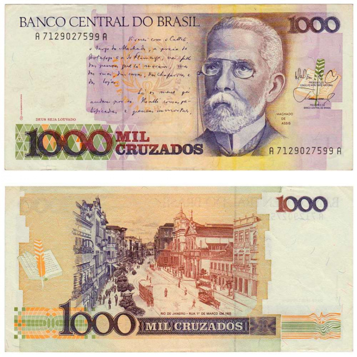 (1987-1988) Банкнота Бразилия 1987-1988 год 1 000 крузадо &quot;Мачадо де Ассис&quot;   XF