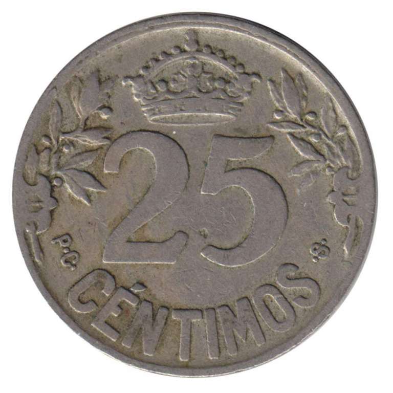 (1925) Монета Испания 1925 год 25 сантимов &quot;Парусник&quot;  Медь-Никель  VF