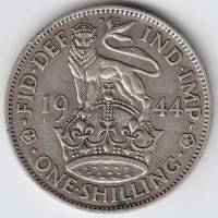 (1944) Монета Великобритания 1944 год 1 шиллинг "Георг VI"  Английский герб Серебро Ag 500  XF