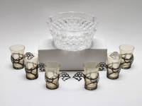 Салатник хрусталь и 6 стопок стекло в металл. подставках в форме лошади\коня