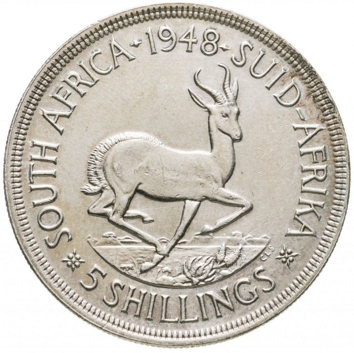 (1948) Монета ЮАР (Южная Африка) 1948 год 5 шиллингов &quot;Георг VI&quot;  Серебро Ag 800  UNC