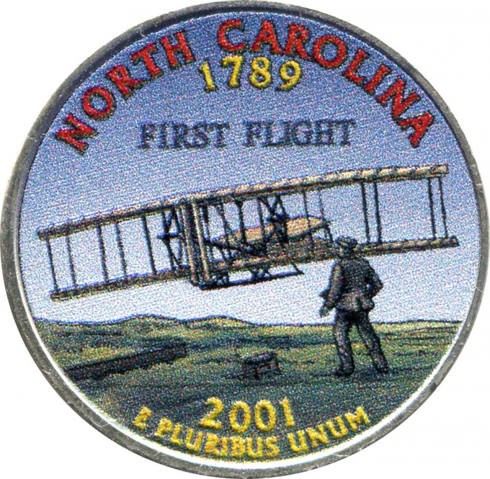 (012d) Монета США 2001 год 25 центов &quot;Северная Каролина&quot;  Вариант №1 Медь-Никель  COLOR. Цветная
