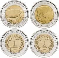 2009 2 монеты по 1 лире Набор Турция Красная книга Слон Черепаха    UNC