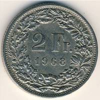 (№1968km21a.1) Монета Швейцария 1968 год 2 Francs (Медь-никель - 22 звезд)