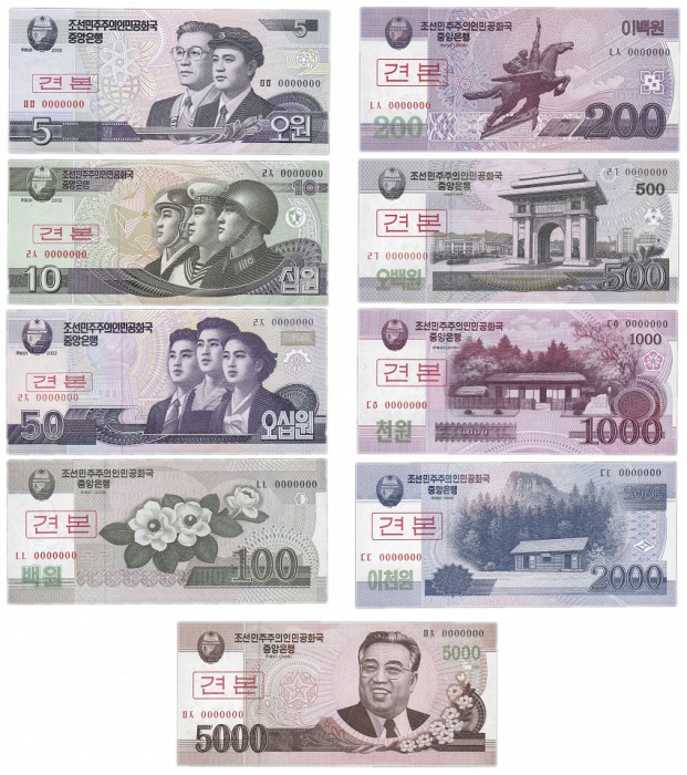 (2002-2008, 9шт, 5 - 5000 вон) Набор банкот Северная Корея 2002-2008 год &quot;Образцы&quot;   UNC