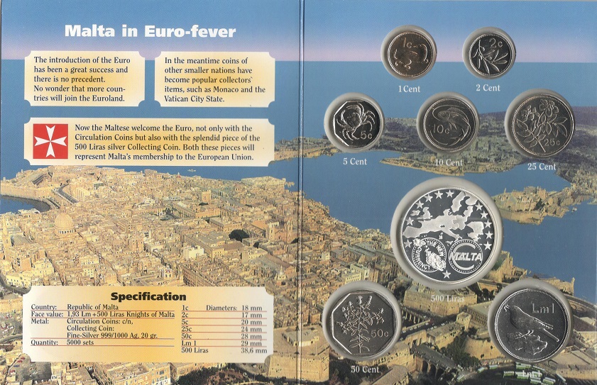 (1993-2003, 8 монет) Набор монет Мальта 1998-2003 год &quot;Присоединение к евро&quot;   Буклет
