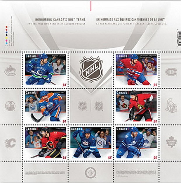 (№2013-3025) Лист марок Канада 2013 год &quot;Команда NHLreg Майки&quot;, Гашеный