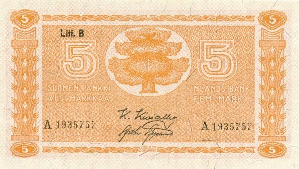 (1945 Litt B) Банкнота Финляндия 1945 год 5 марок    UNC