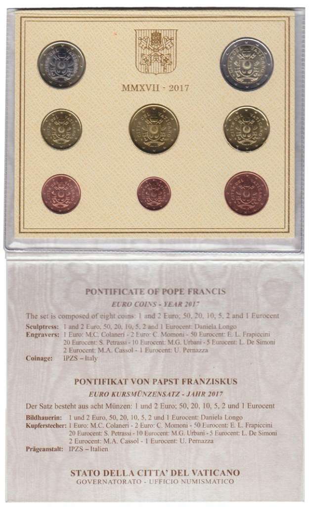 (2017, 8 монет) Набор монет Ватикан 2017 год &quot;Светло-жёлтый&quot;  Буклет