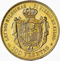(№1871km668a) Монета Испания 1871 год 100 Pesetas (Желтое Золото)