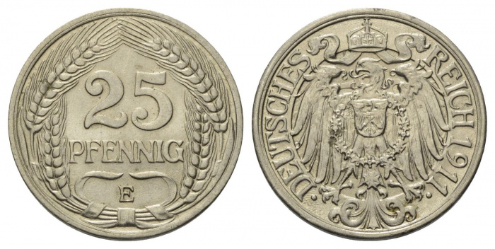 (1911E) Монета Германия (Империя) 1911 год 25 пфеннингов   Никель  XF