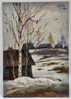 Картина Тулаев В. Н. 1982 г. Осень в деревне Пейзаж масло картон 35х25 см