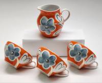 Молочник и 3 чашки чайные Дулево ручная роспись винтаж СССР оранжевые 4 предмета