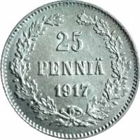 (1917, S, без короны) Монета Финляндия 1917 год 25 пенни   Серебро Ag 750  VF