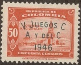 (№1946-498) Марка Колумбия 1946 год &quot;Часовая Башня Картахена&quot;, Гашеная