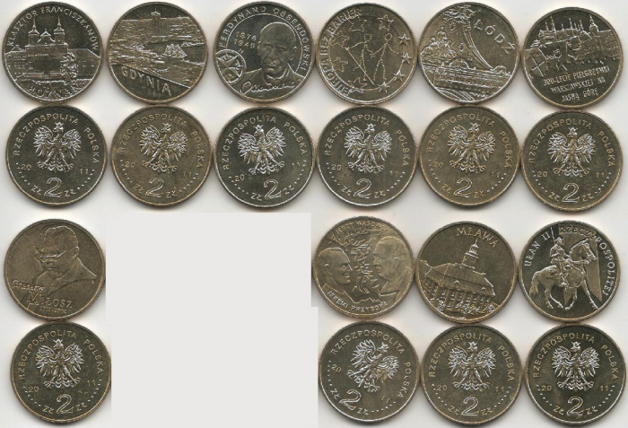 (213-217 220-223 226 10 монет по 2 злотых) Набор монет Польша 2011 год   UNC