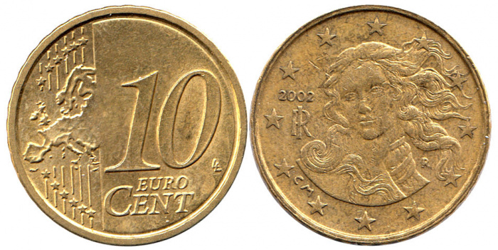 (2009) Монета Италия 2009 год 10 центов  2. Новая карта ЕС Северное золото  VF