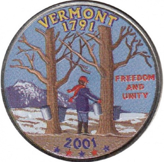 (014p) Монета США 2001 год 25 центов &quot;Вермонт&quot;  Вариант №1 Медь-Никель  COLOR. Цветная