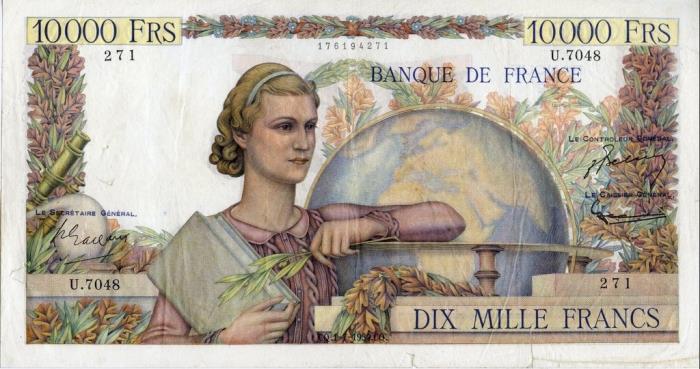 (№1954P-132d.2) Банкнота Франция 1954 год &quot;10,000 Francs&quot; (Подписи: J)