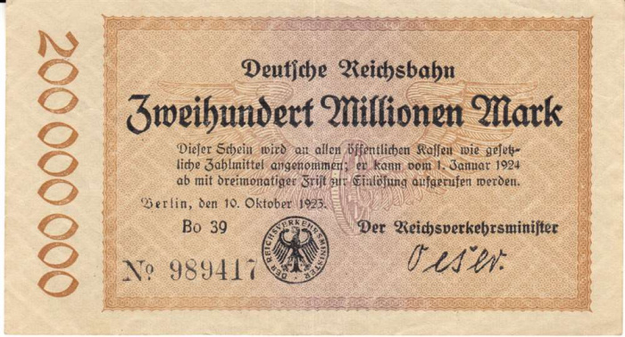 (1923) Банкнота Германия (Берлин) 1923 год 200 000 000 марок  Железные дороги  VF