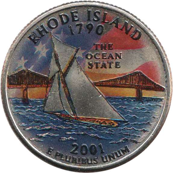 (013p) Монета США 2001 год 25 центов &quot;Род-Айленд&quot;  Вариант №2 Медь-Никель  COLOR. Цветная