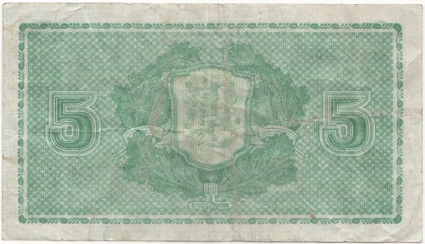(1939 Litt D) Банкнота Финляндия 1939 год 5 марок  Raittinen - Aspelund  VF