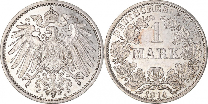 (1914A) Монета Германия (Империя) 1914 год 1 марка   Серебро Ag 900  UNC