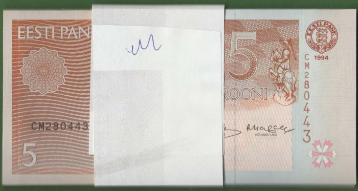 (1994) Пачка банкнот 100 штук Эстония 1994 год &quot;Номера по порядку CJ995301-400&quot;   UNC
