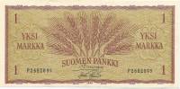 Банкнота Финляндия 1963 год 1 марка Колосья Simonen - Aspelund  UNC