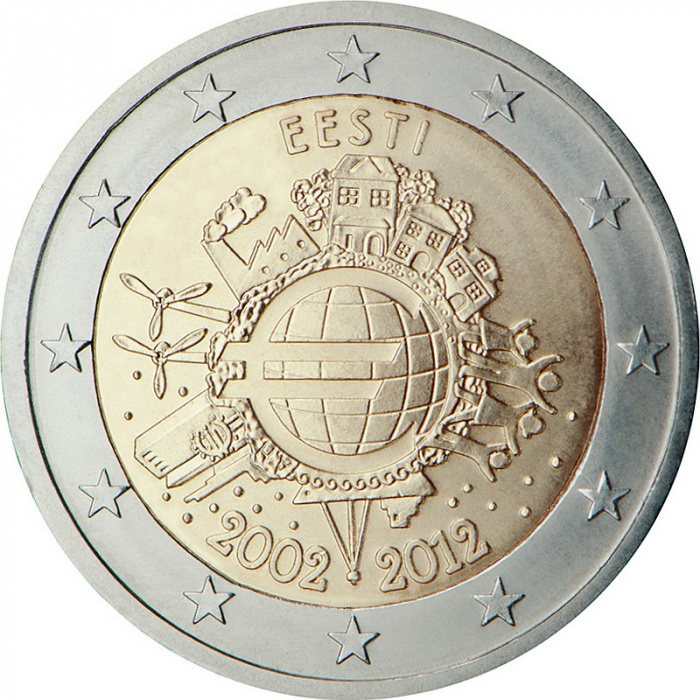 (001) Монета Эстония 2012 год 2 евро &quot;10 лет наличному обращению Евро&quot;  Биметалл  UNC