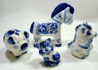 Набор фигурок Лошадь Хрюшка Дракон Кот керамика Гжель (сост. на фото)