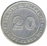 () Монета Стрейтс Сетлментс («Поселения у пролива»)  1916 год 20  ""   Биметалл (Серебро - Ниобиум) 