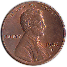 (1986d) Монета США 1986 год 1 цент   150-летие Авраама Линкольна, Мемориал Линкольна Латунь  VF