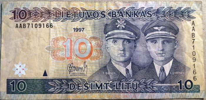 (1997) Банкнота Литва 1997 год 10 лит &quot;Стяпонас Дарюс и Стасис Гиренас&quot;   VF
