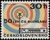 1973-022 Марка Чехословакия Радио   50 лет вещания, 20 лет телевидения, 20 лет телефонной связи  I Θ