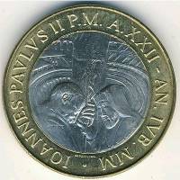 2000 Монета Ватикан 1000 лир Иоанн Павел II 22 года понтификата  Биметалл  UNC