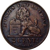 (№1869km35.1) Монета Бельгия 1869 год 2 Centimes (Французская легенда)