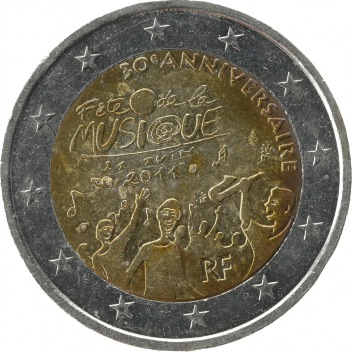 (005) Монета Франция 2011 год 2 евро &quot;День музыки 30 лет&quot;  Биметалл  VF