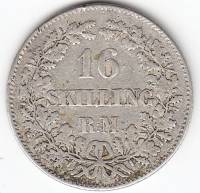 Монета Дания 16 скиллингов 1857 год "Потрет Короля Дании Фридриха VII", VF