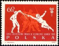 (1963-038) Марка Польша "Атака фехтовальщика"   28-й Чемпионат по фехтованию в Гданьске III Θ