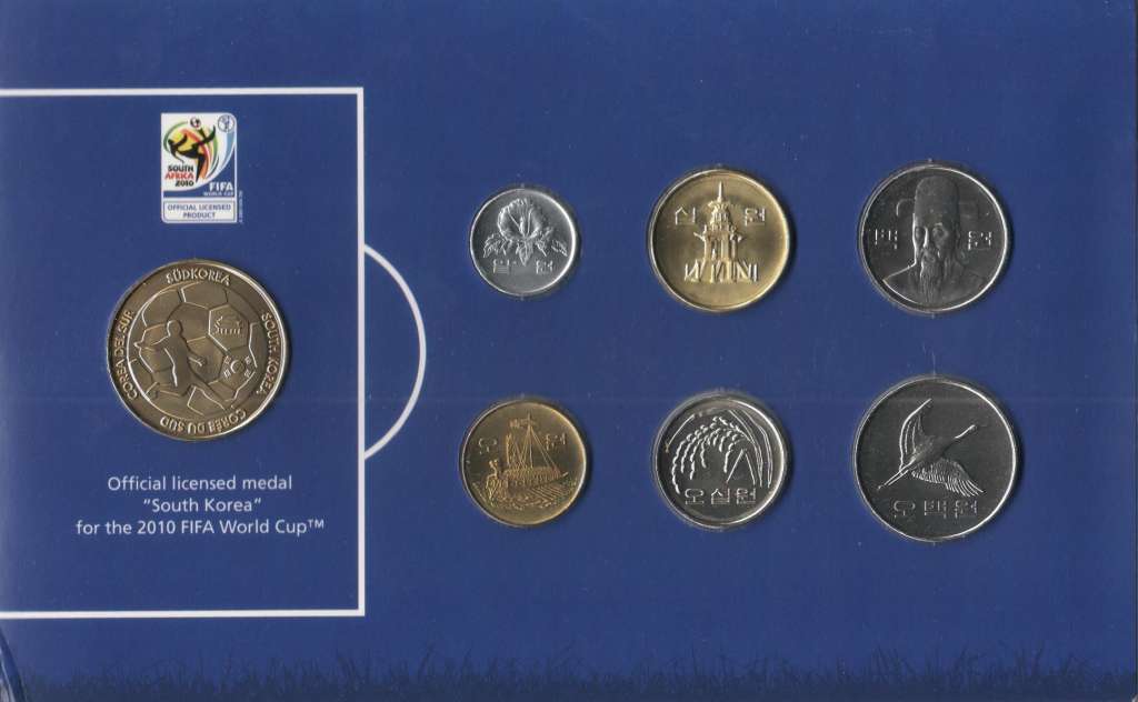 (1983-2008, 6 монет + медаль) Набор монет Южная Корея 1983-2008 год &quot;ЧМ по футболу ЮАР 2010&quot;  Буклет