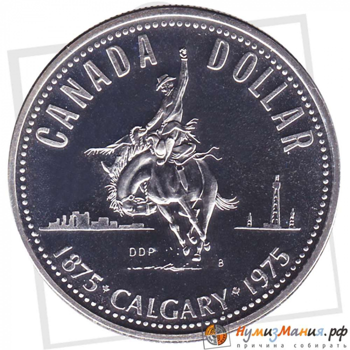 (1975, большой герб) Монета Канада 1975 год 1 доллар &quot;Калгари. 100 лет&quot;  Серебро Ag 500  UNC