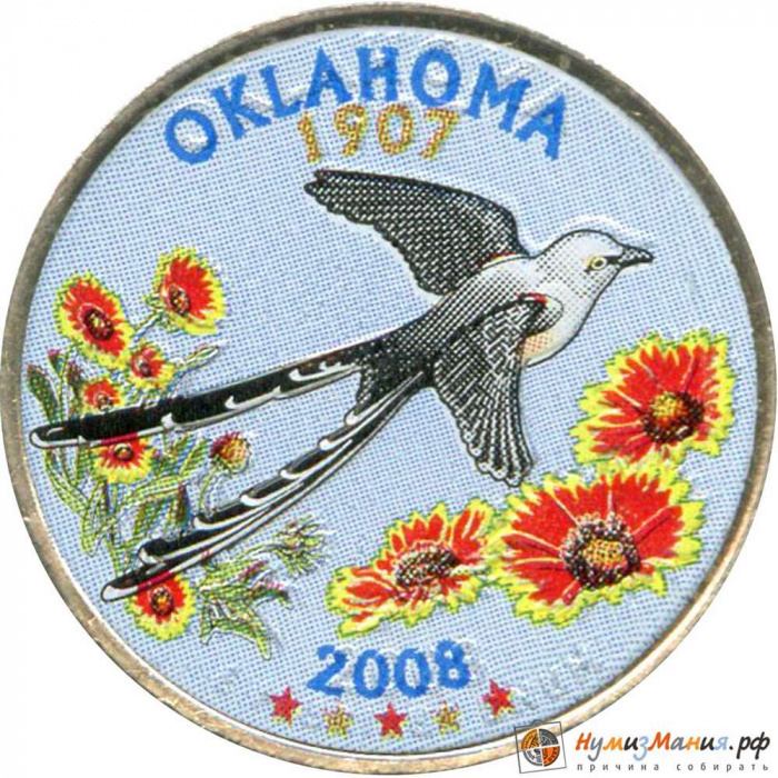(046p) Монета США 2008 год 25 центов &quot;Оклахома&quot;  Вариант №1 Медь-Никель  COLOR. Цветная