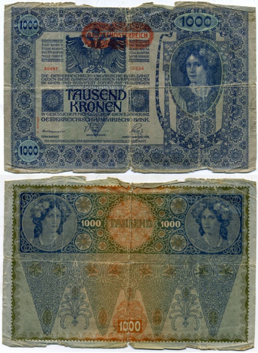 1919 Банкнота Австро-Венгрия 1919 год 1 000 крон Горизонт надпечатка на боне 1902 года   F